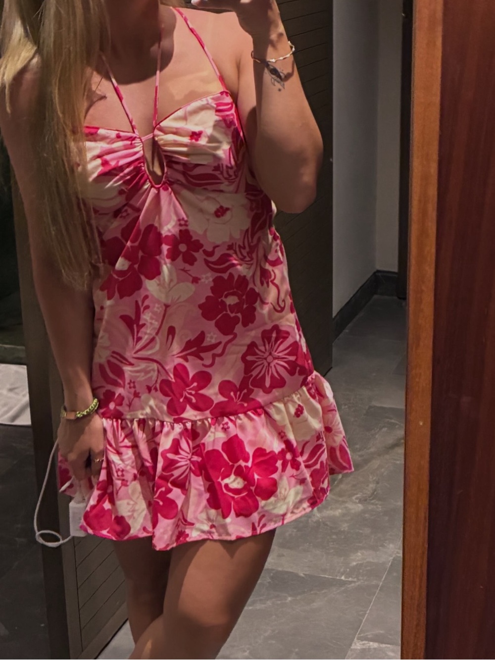 Pink Floral Halter Summer Dress